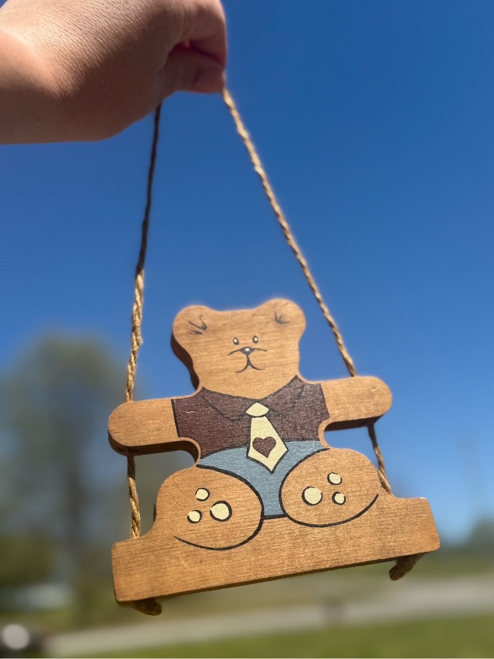 Handmade Wooden Teddy Bear Wall Hanging - Brown, Blue, Cream
